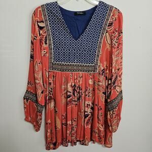 Anthropologie RD & Koko Embroidered Top Puff Sleeve Boho Hippie Orange Blue Med